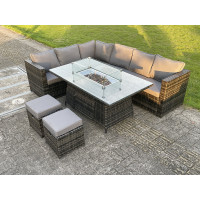 8 Seater PE Rattan Corner Sofa Set Dining Table with Heater and 2 Small Stools