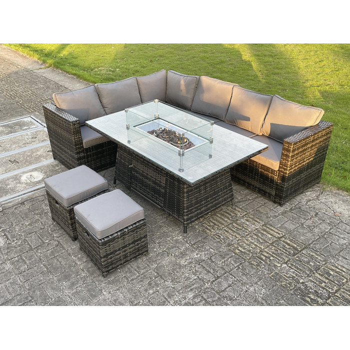 8 Seater PE Rattan Corner Sofa Set Dining Table with Heater and 2 Small Stools