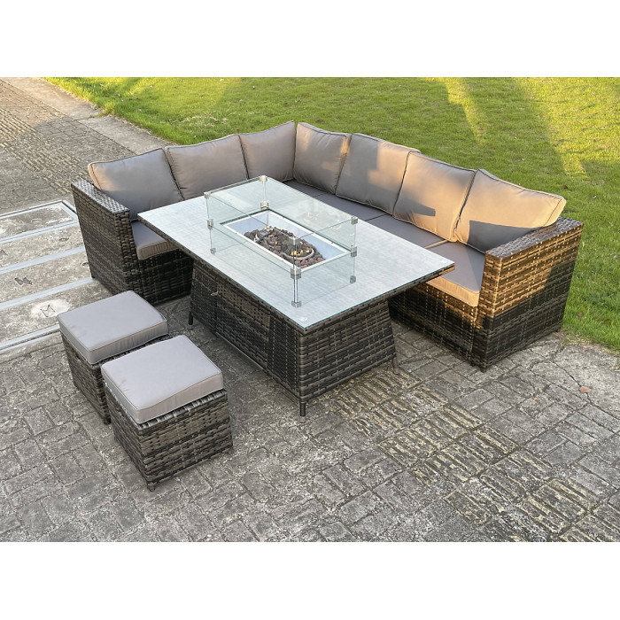 8 Seater PE Rattan Corner Sofa Set Dining Table with Heater and 2 Small Stools