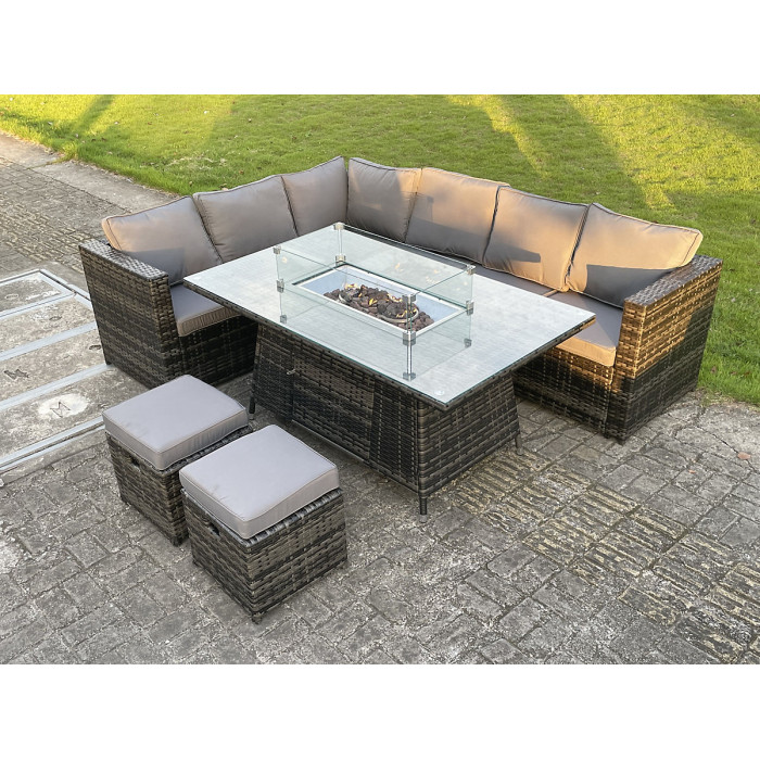 8 Seater PE Rattan Corner Sofa Set Dining Table with Heater and 2 Small Stools