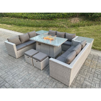 Light Grey 11 Seater U-Shape Rattan Lounge Sofa Dining Set with 2 Side Coffee Tables & Stools