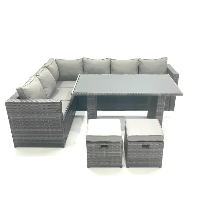 6-Seater Outdoor Lounge Rattan Corner Sofa Set with Small Footstools And Rectangular Table
