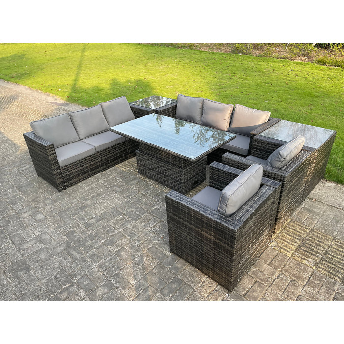 8 Seater Outdoor Rattan Garden Furniture Adjustable Rising Lifting Table Armchairs Dark Grey Mixed
