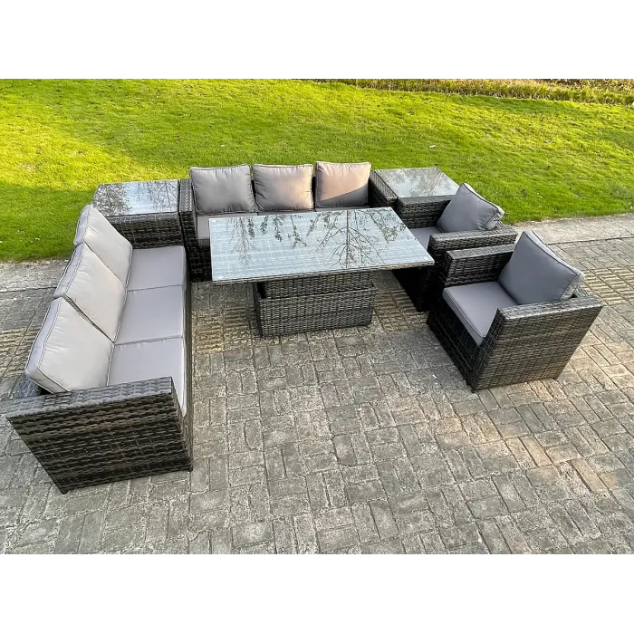 8 Seater Outdoor Rattan Garden Furniture Adjustable Rising Lifting Table Armchairs Dark Grey Mixed