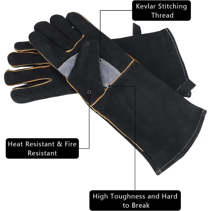 High Temp Fireproof Gloves, Leather, Kevlar Stitching, for Fireplace, Stove, Oven, Grill, Welding, BBQ