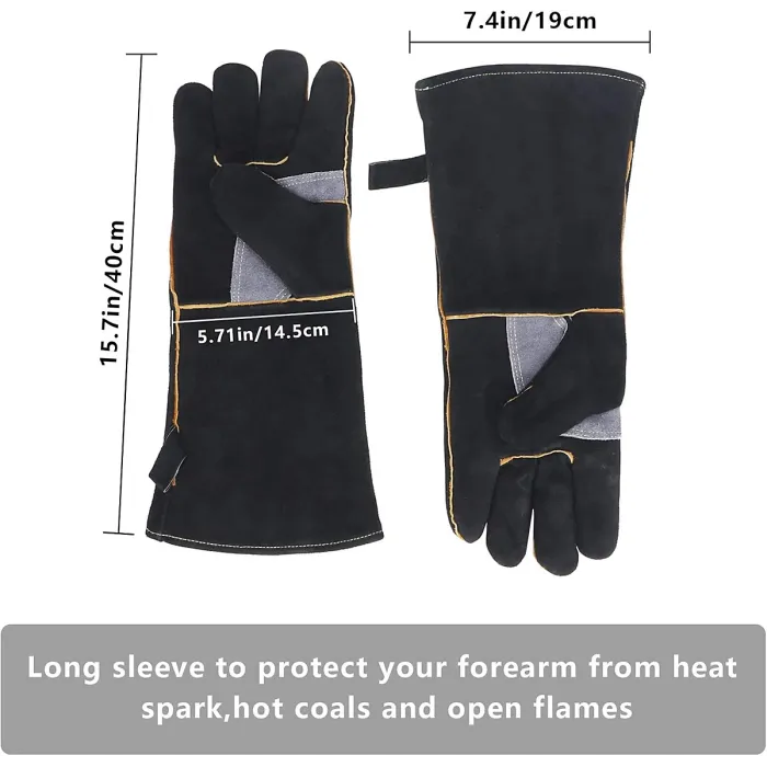 High Temp Fireproof Gloves, Leather, Kevlar Stitching, for Fireplace, Stove, Oven, Grill, Welding, BBQ