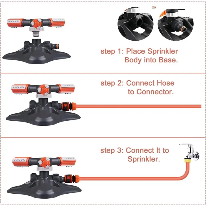 360 degrees,Three-Arm Garden Sprinkler - Automatic Watering System - Adjustable Water Flow and Flow - Large Spray Area
