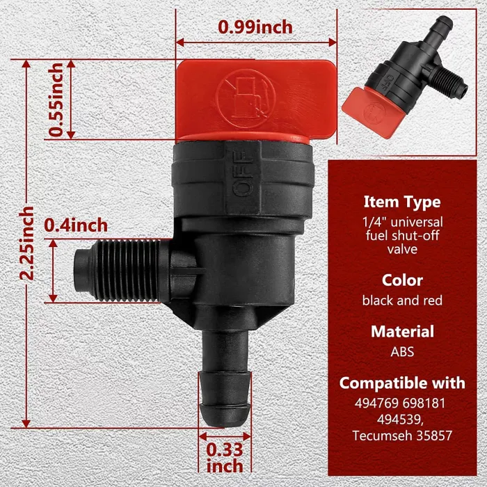 Fuel Shutoff Valve 399517, 396224, 698182 for Briggs & Stratton, 1/4" ID Fuel Line, Durable, No Filter