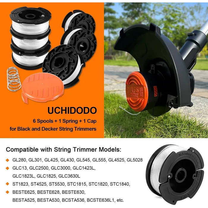 6 Pack Trimmer Spools for Black & Decker, Includes 1 Spool Cover and 1 Spring