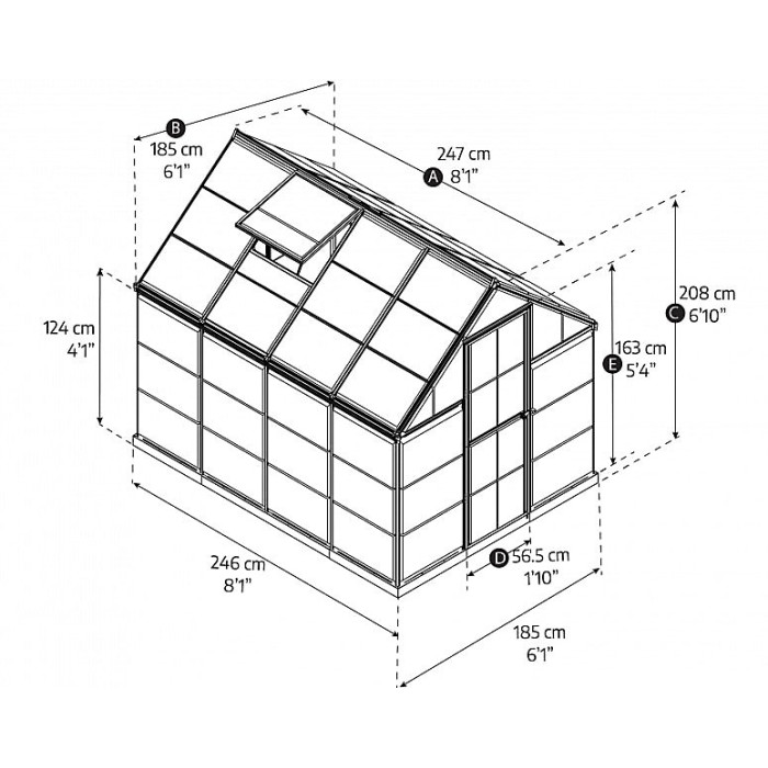 Greenhouse Hybrid 6 x 8 - Polycarbonate - L247 x W185 x H208 cm - Silver