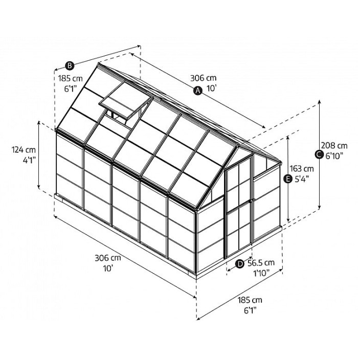 Greenhouse Hybrid 6X10- Polycarbonate - L306 x W185 x H208 - Silver