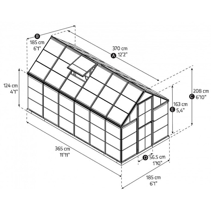 Greenhouse Hybrid 6 x 12 - Polycarbonate - L370 x W185 x H208 cm - Silver