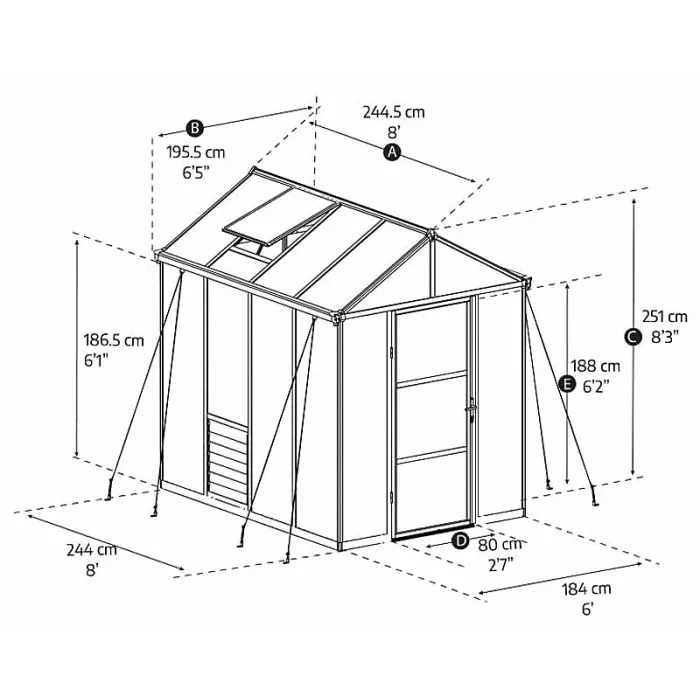Greenhouse Glory 6 x 8 - Polycarbonate - L244.5 x W195.5 x H251 cm - Grey