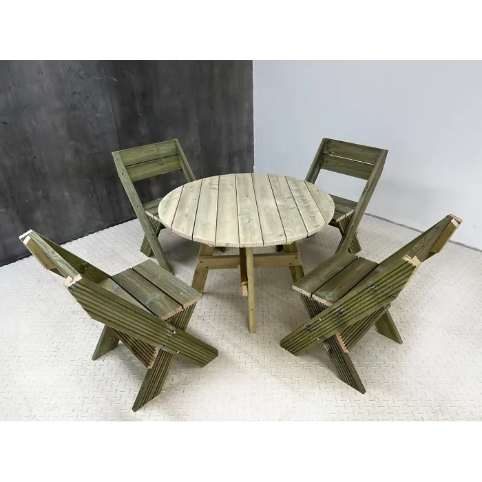 DeckFusion wooden rounded picnic table and four chairs set (Natural, light green)