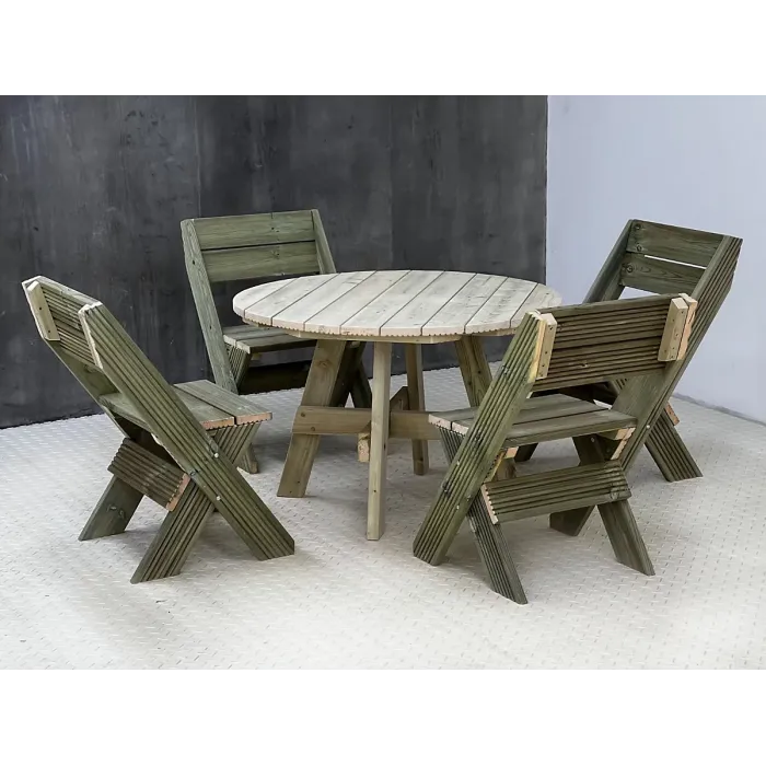 DeckFusion wooden rounded picnic table and four chairs set (Natural, light green)