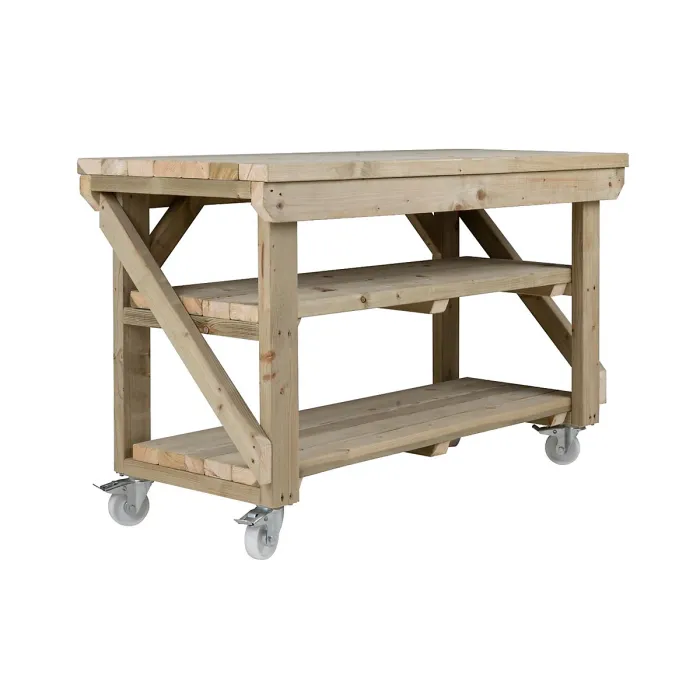 Indoor/outdoor workbench pressure treated station (H-90cm, D-64cm, L-90cm) double shelf and wheels