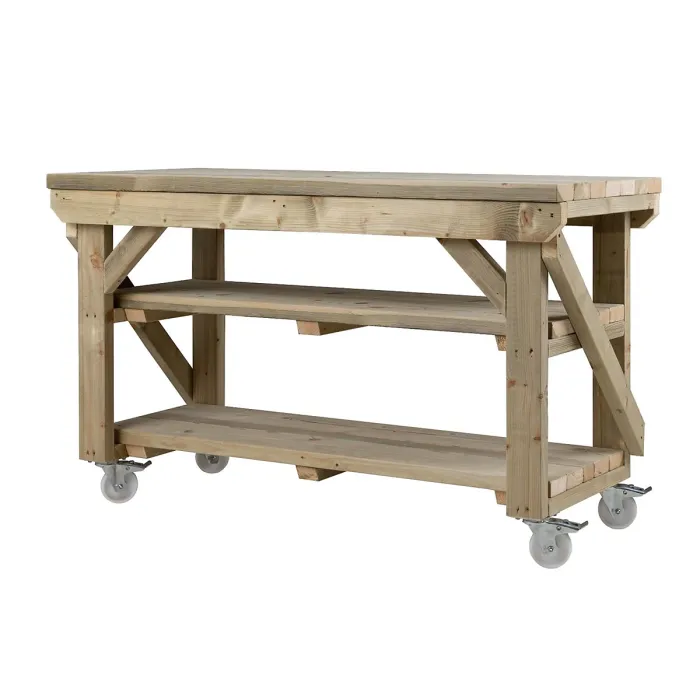 Indoor/outdoor workbench pressure treated station (H-90cm, D-64cm, L-120cm) double shelf and wheels