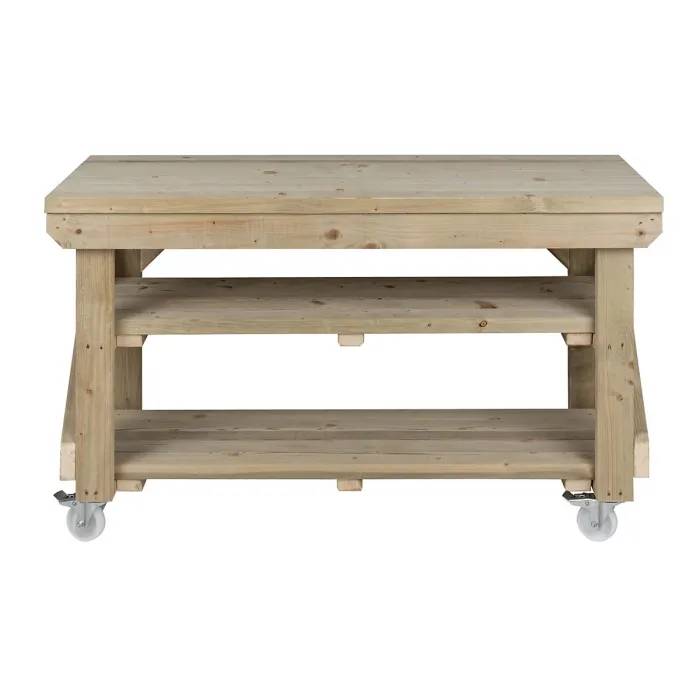 Indoor/outdoor workbench pressure treated station (H-90cm, D-64cm, L-120cm) double shelf and wheels