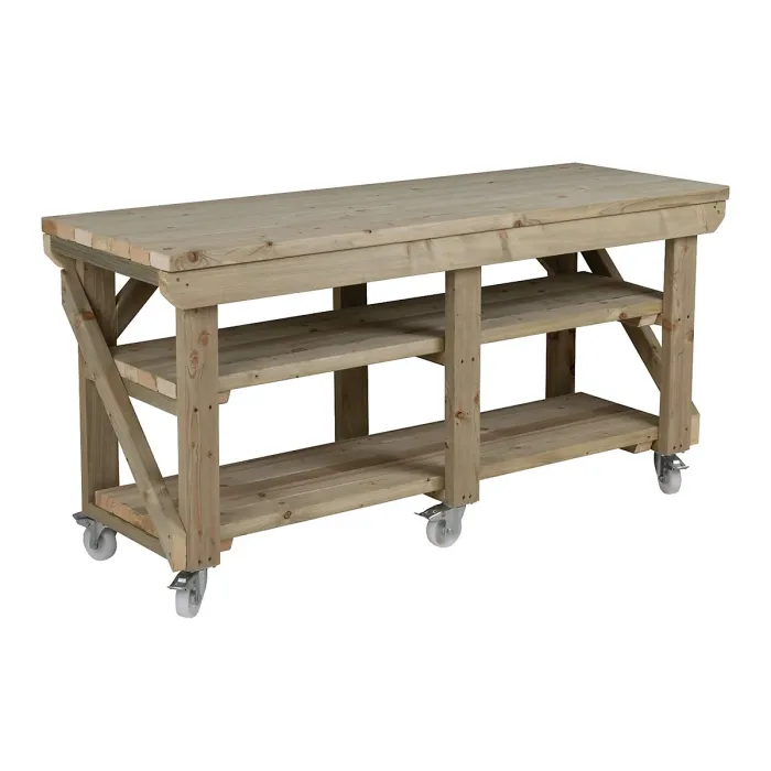 Indoor/outdoor workbench pressure treated station (H-90cm, D-64cm, L-180cm) double shelf and wheels
