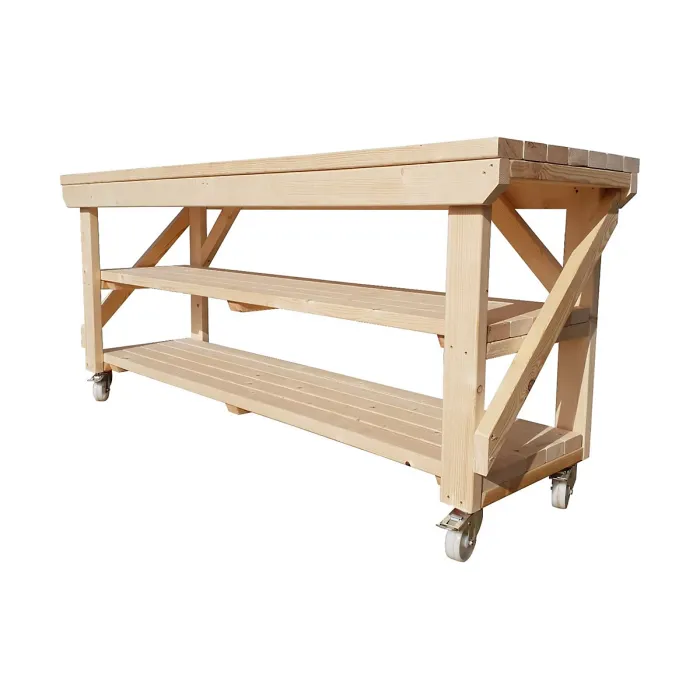 Acorn workbench, kiln-dry work station (H-90cm, D-64cm, L-120cm) double shelf and wheels
