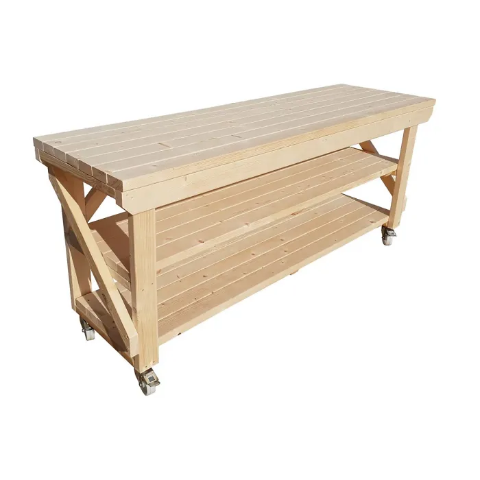 Acorn workbench, kiln-dry work station (H-90cm, D-64cm, L-180cm) double shelf and wheels