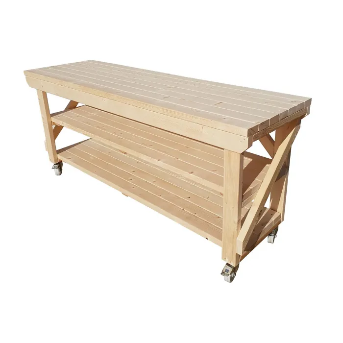 Acorn workbench, kiln-dry work station (H-90cm, D-64cm, L-210cm) double shelf and wheels