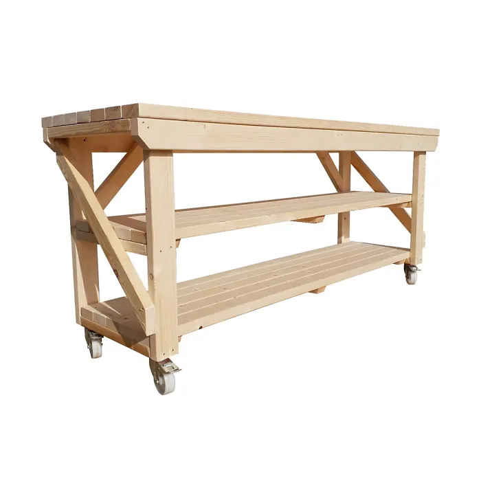 Acorn workbench, kiln-dry work station (H-90cm, D-64cm, L-210cm) double shelf and wheels
