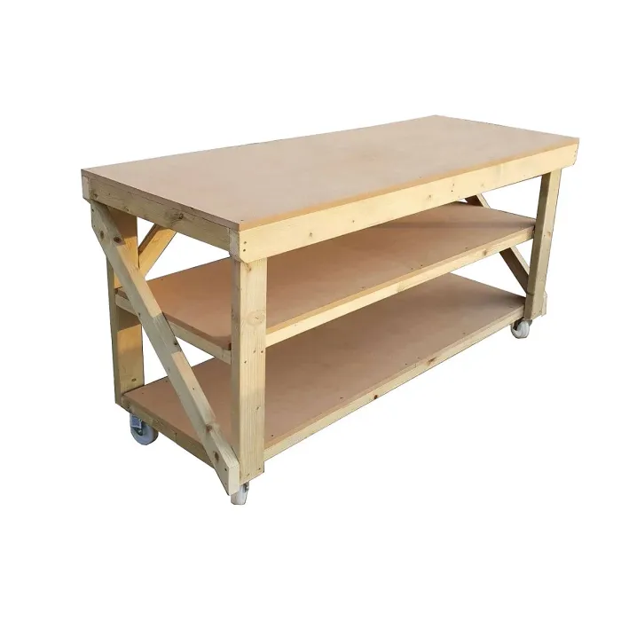 MDF top workbench (H-90cm, D-70cm, L-120cm) double shelf and wheels