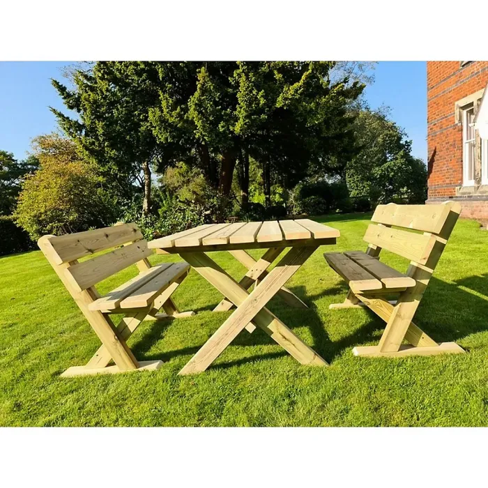 Ashcombe Table Set Sits 4 Including 2 Bench - L120 x W93 x H77 cm - Set of Waterproof Cushions Included