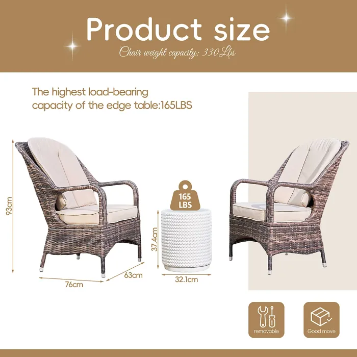 Title Abrihome 3-Piece Outdoor Garden Bistro Set, Brown Rattan Chairs with a White Concrete Side Table