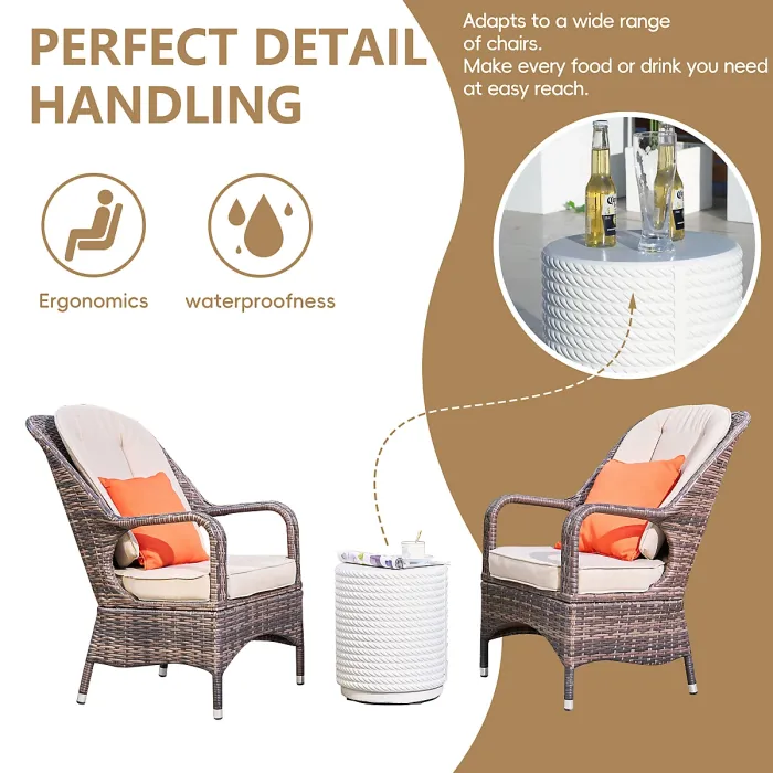 Title Abrihome 3-Piece Outdoor Garden Bistro Set, Brown Rattan Chairs with a White Concrete Side Table