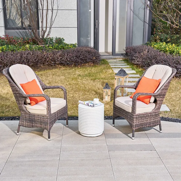 Title Abrihome 3-Piece Outdoor Garden Bistro Set, Brown Rattan Chairs with a White Concrete Side Table