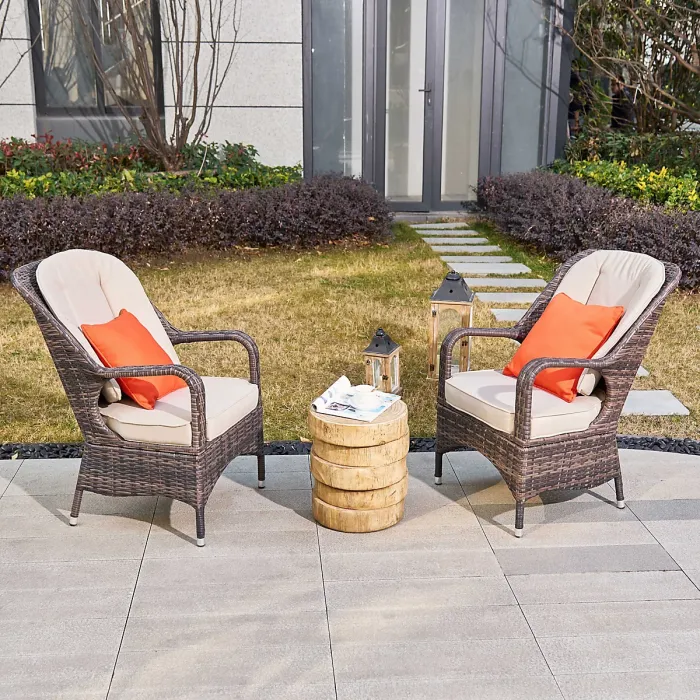 Abrihome 3-Piece Outdoor Garden Bistro Set, Brown Rattan Chairs with a Natural Concrete Side Table