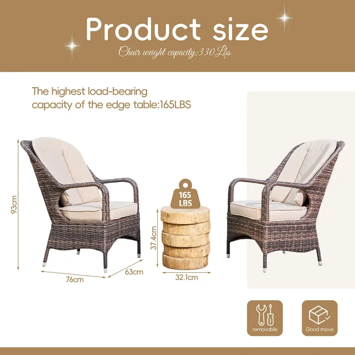 Abrihome 3-Piece Outdoor Garden Bistro Set, Brown Rattan Chairs with a Natural Concrete Side Table