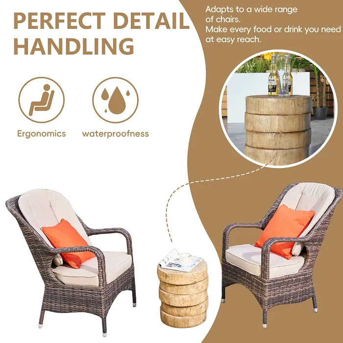 Abrihome 3-Piece Outdoor Garden Bistro Set, Brown Rattan Chairs with a Natural Concrete Side Table