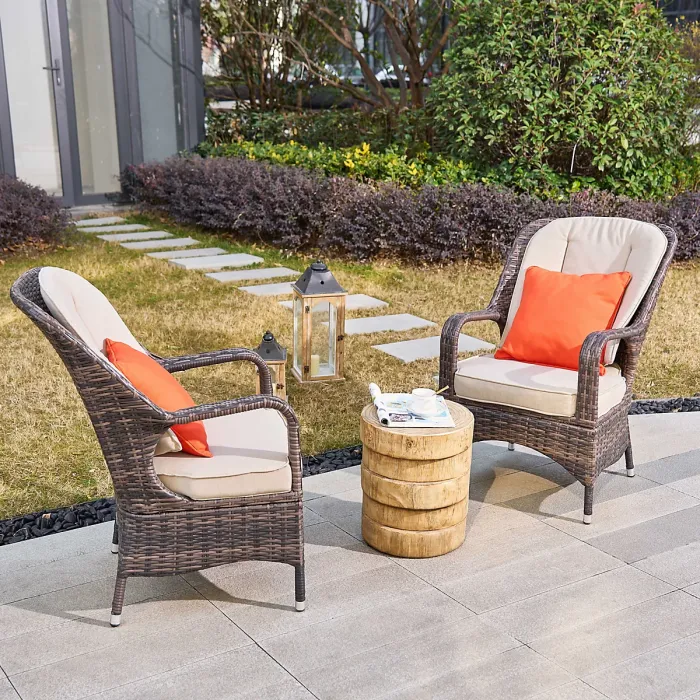 Abrihome 3-Piece Outdoor Garden Bistro Set, Brown Rattan Chairs with a Natural Concrete Side Table