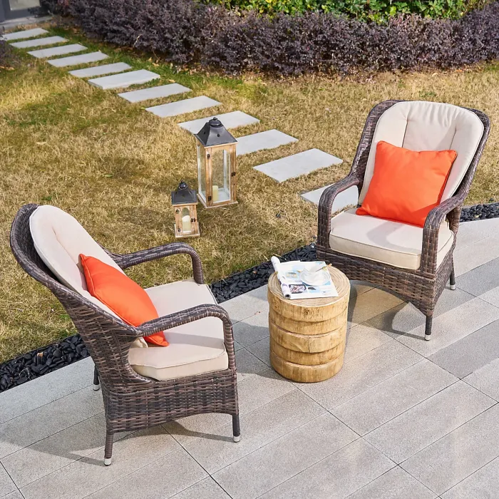 Abrihome 3-Piece Outdoor Garden Bistro Set, Brown Rattan Chairs with a Natural Concrete Side Table