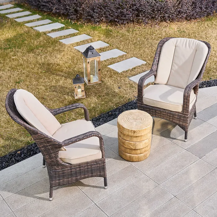 Abrihome 3-Piece Outdoor Garden Bistro Set, Brown Rattan Chairs with a Natural Concrete Side Table