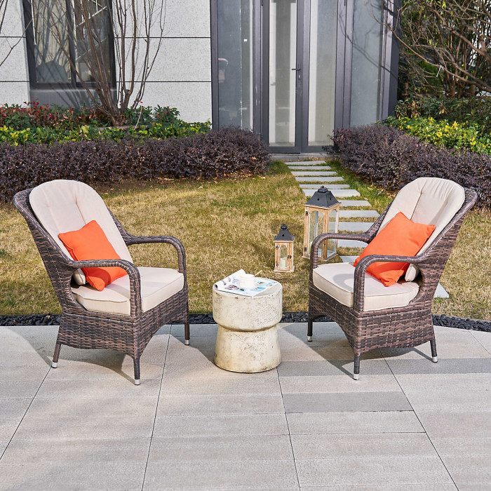 Abrihome 3-Piece Outdoor Garden Bistro Set, Brown Rattan Chairs with a Beige Concrete Side Table