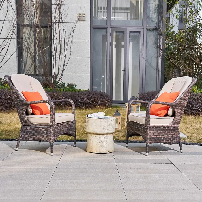 Abrihome 3-Piece Outdoor Garden Bistro Set, Brown Rattan Chairs with a Beige Concrete Side Table