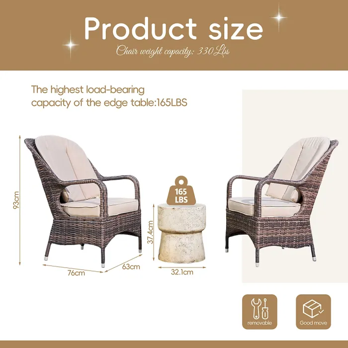 Abrihome 3-Piece Outdoor Garden Bistro Set, Brown Rattan Chairs with a Beige Concrete Side Table