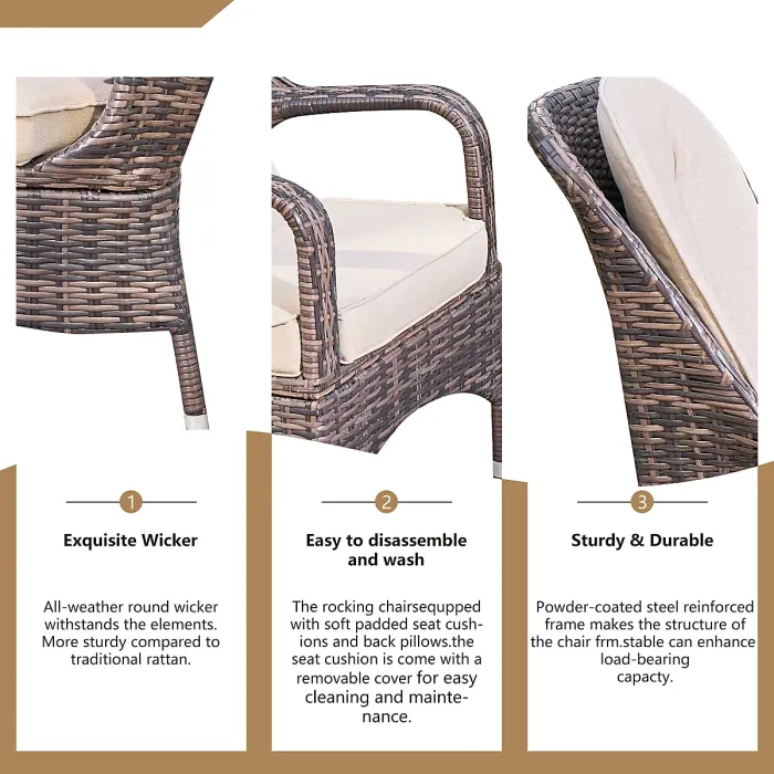 Abrihome 3-Piece Outdoor Garden Bistro Set, Brown Rattan Chairs with a Beige Concrete Side Table