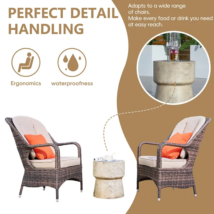 Abrihome 3-Piece Outdoor Garden Bistro Set, Brown Rattan Chairs with a Beige Concrete Side Table