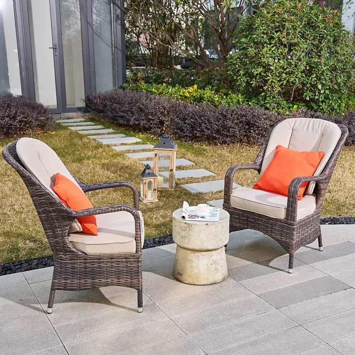Abrihome 3-Piece Outdoor Garden Bistro Set, Brown Rattan Chairs with a Beige Concrete Side Table