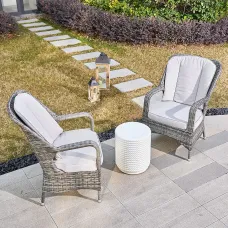 Abrihome 3-Piece Outdoor Garden Bistro Set, Grey Rattan Chairs with a White Concrete Side Table
