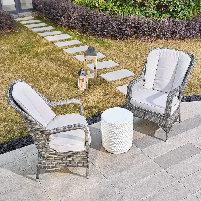 Abrihome 3-Piece Outdoor Garden Bistro Set, Grey Rattan Chairs with a White Concrete Side Table