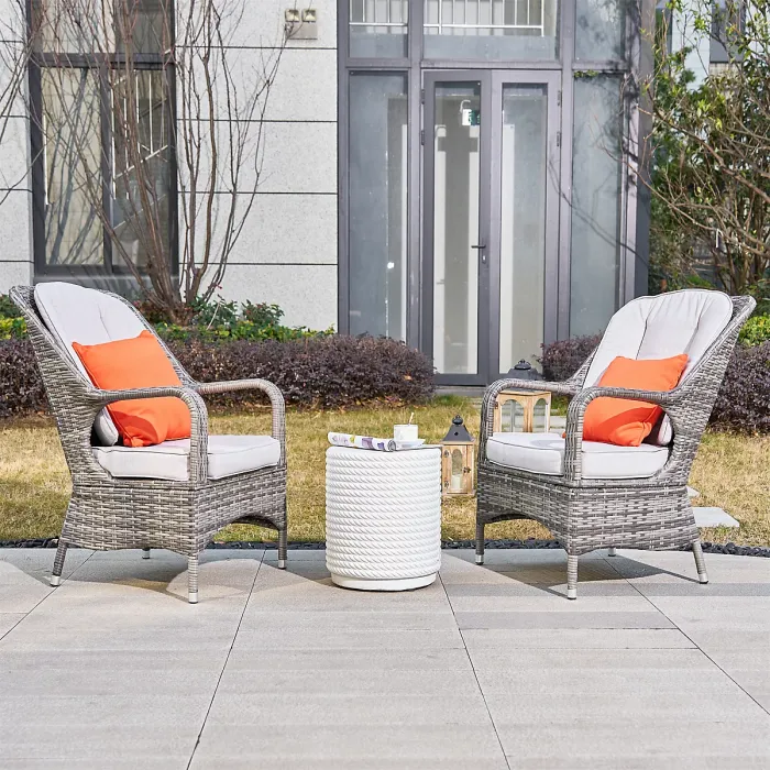 Abrihome 3-Piece Outdoor Garden Bistro Set, Grey Rattan Chairs with a White Concrete Side Table
