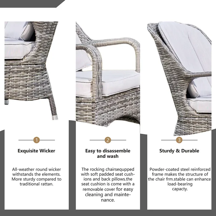 Abrihome 3-Piece Outdoor Garden Bistro Set, Grey Rattan Chairs with a White Concrete Side Table