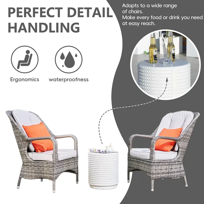 Abrihome 3-Piece Outdoor Garden Bistro Set, Grey Rattan Chairs with a White Concrete Side Table