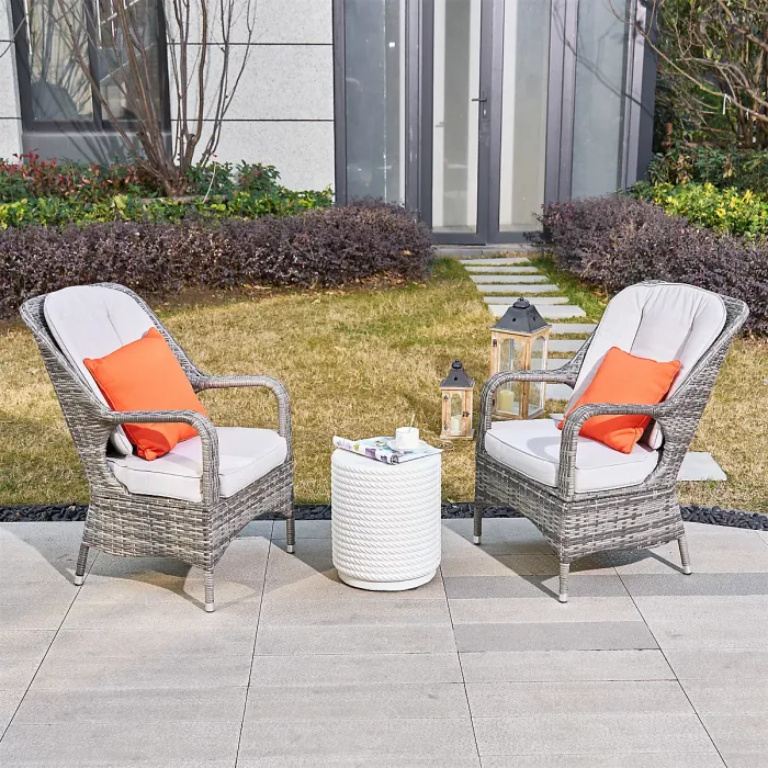 Abrihome 3-Piece Outdoor Garden Bistro Set, Grey Rattan Chairs with a White Concrete Side Table